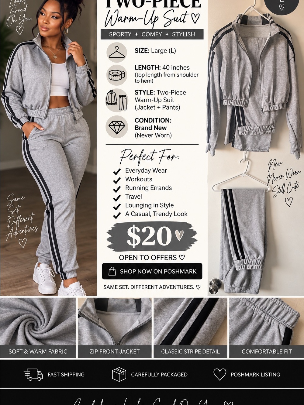 Two-Piece Women’s Warm-Up Suit Jogger Set – Gray with Black Stripes